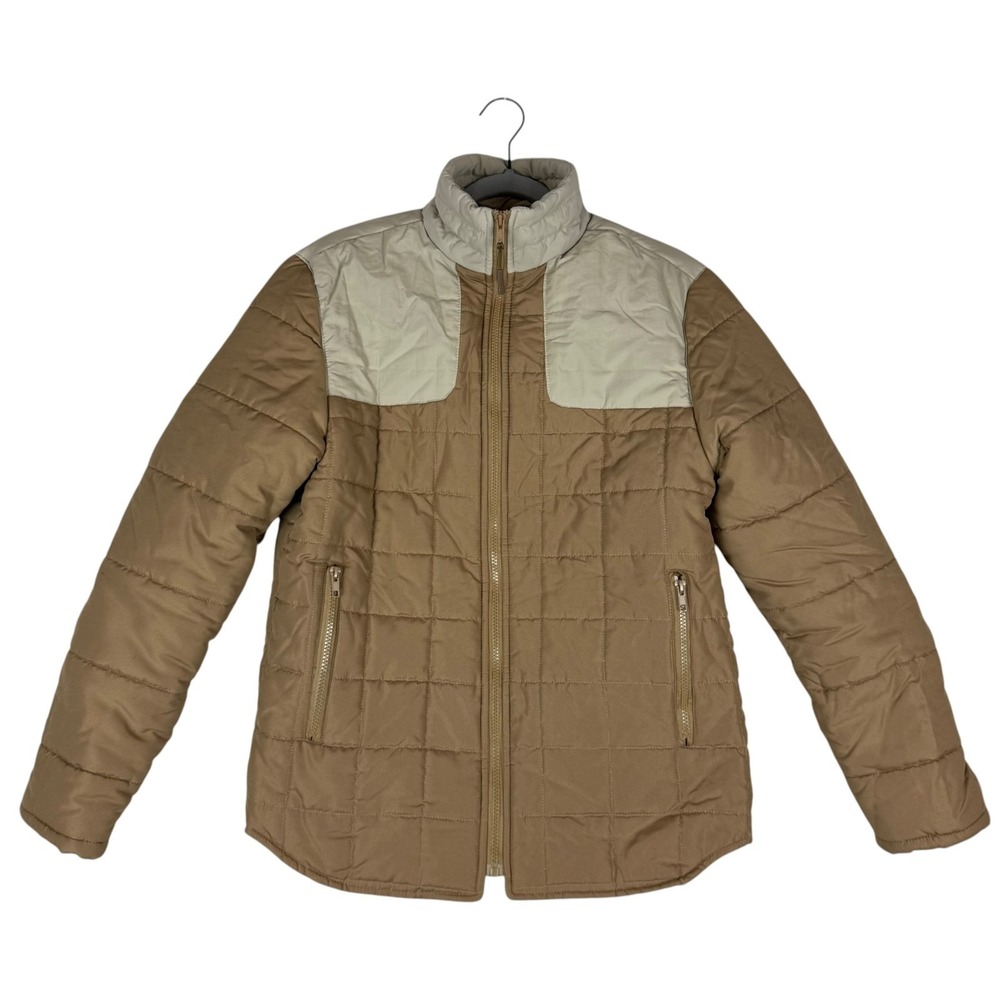 Nomad Quilted Puffer Jacket Mens Medium Tan Cream Colorblock Full Zip Mock Neck